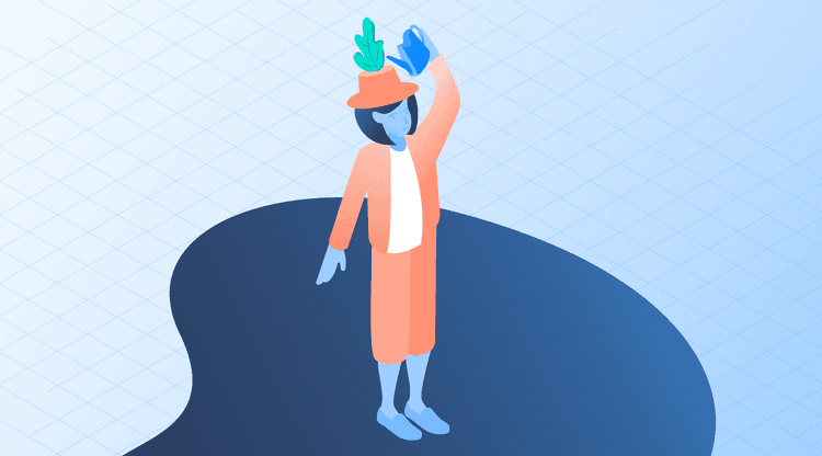 Illustration of a woman taking care of a plant that is on her hat