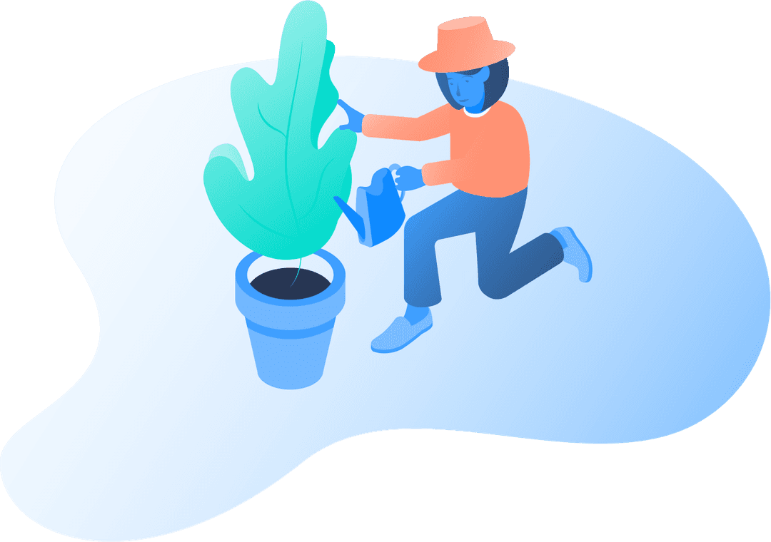 An illustration of a woman watering her plant.