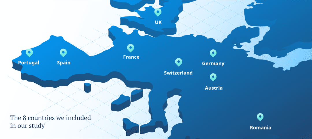 Illustrated map of the 8 countries we included in our study: Portugal, Spain, France, UK, Switzerland, Germany, Austria, Romania. 